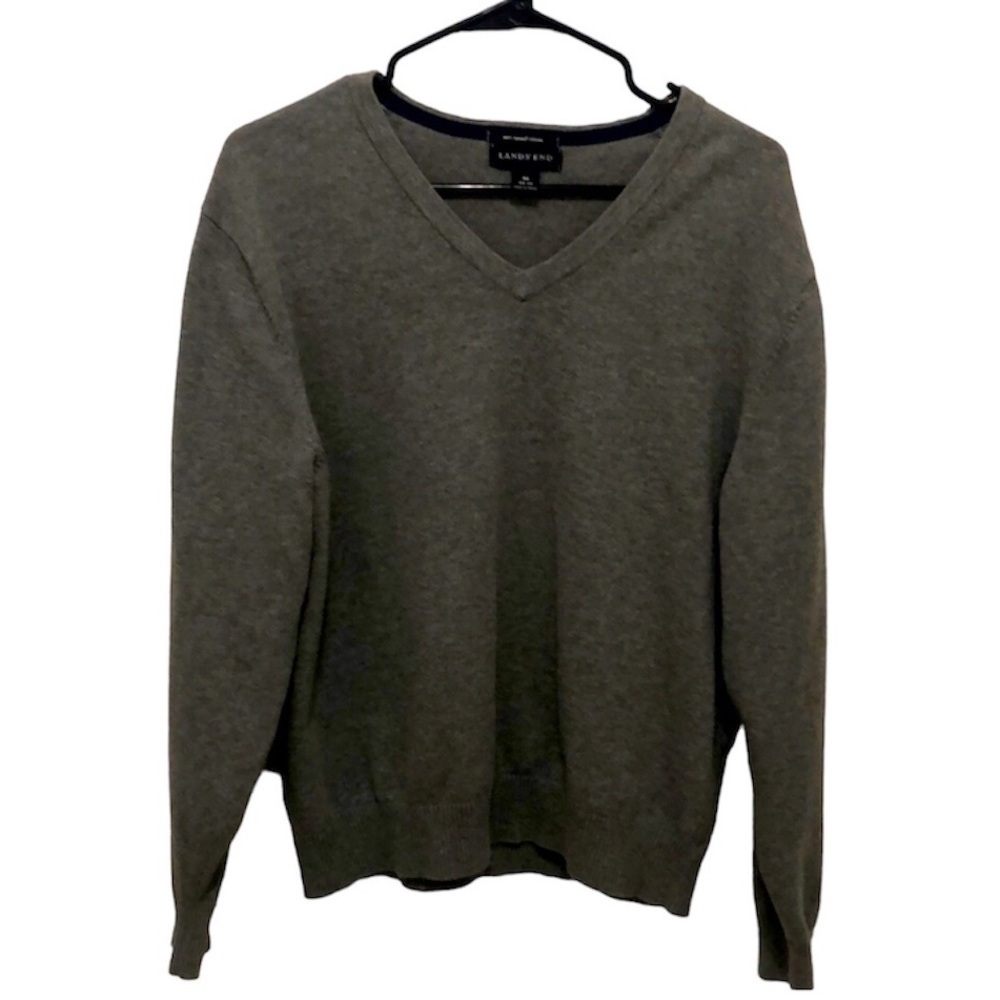 Lands End Mens Sweater V-Neck Supima Cotton Gray Sweater Size MEDIUM